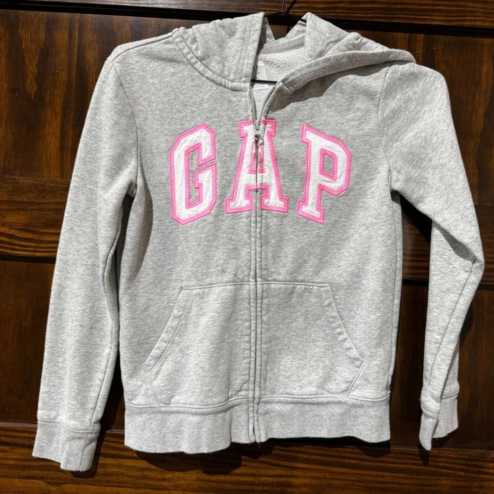 Gap Kids Girls XXL 14-16 Heather Gray Pink/White Logo Full Zip Hoodie NWT